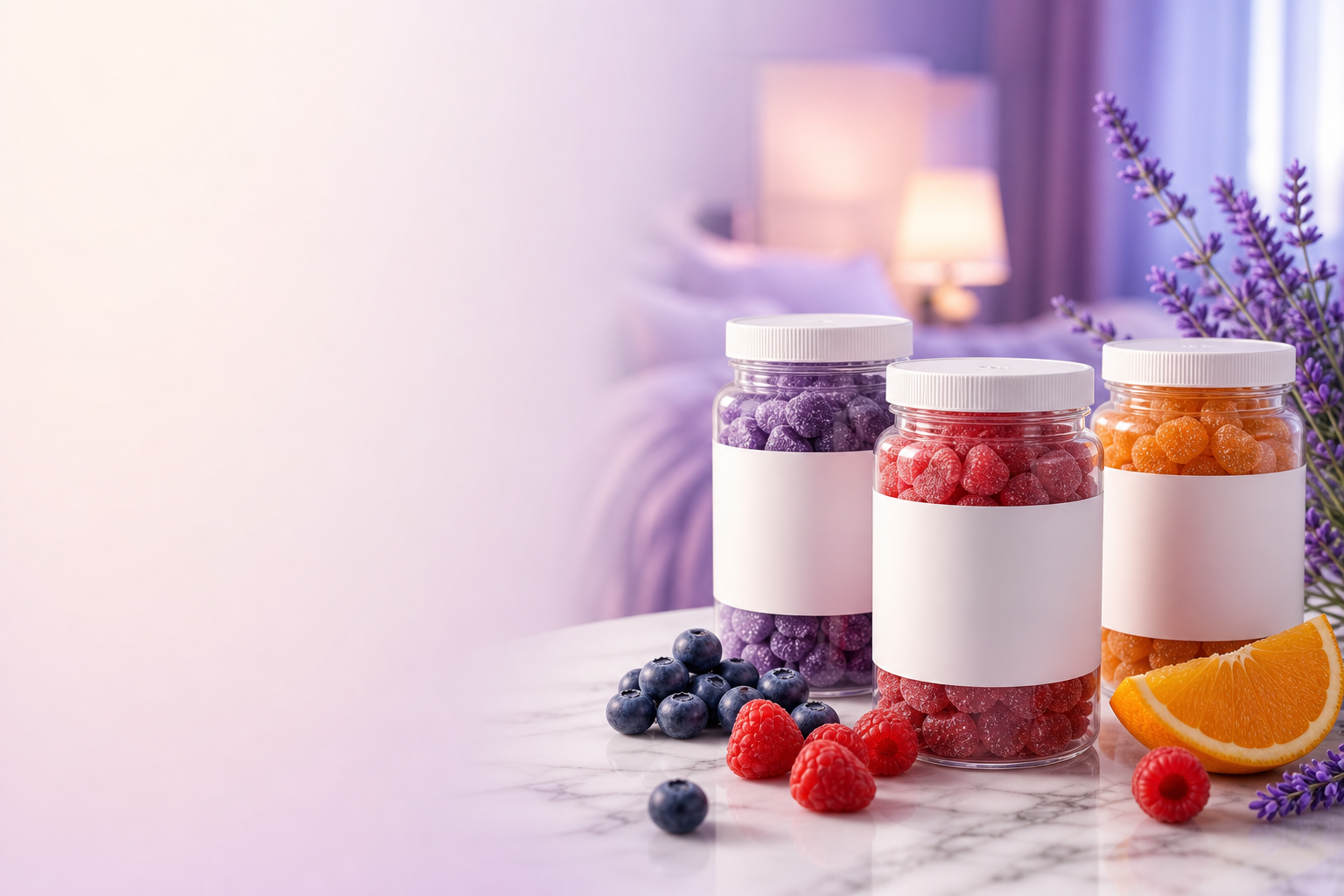 Melatonin gummy jars with fruit and lavender on the right, soft clear background on the left for headline text
